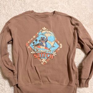 Disney Brown Crewneck Sweatshirt with Surfing Stitch Graphic